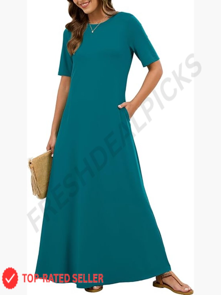 Maxi Dress Short Sleeve Casual Loose Fit T-Shirt Style With Pockets Summer